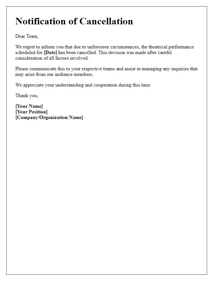 Letter template of theatrical performance cancellation for staff communication