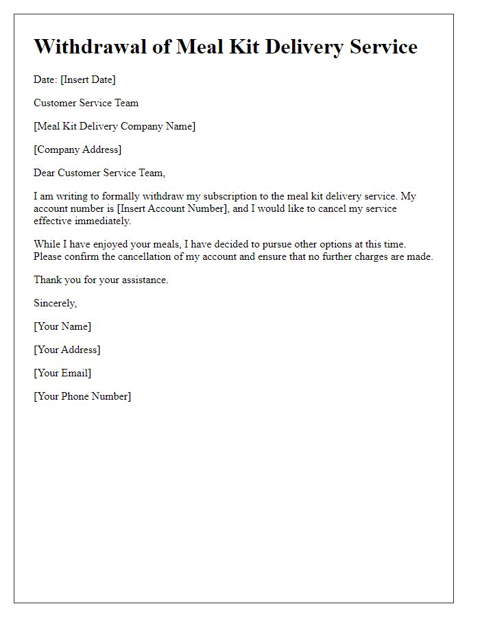Letter template of online service withdrawal for meal kit delivery