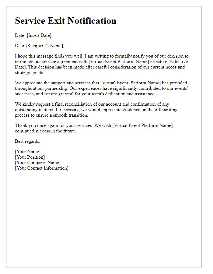 Letter template of service exit for virtual event platform