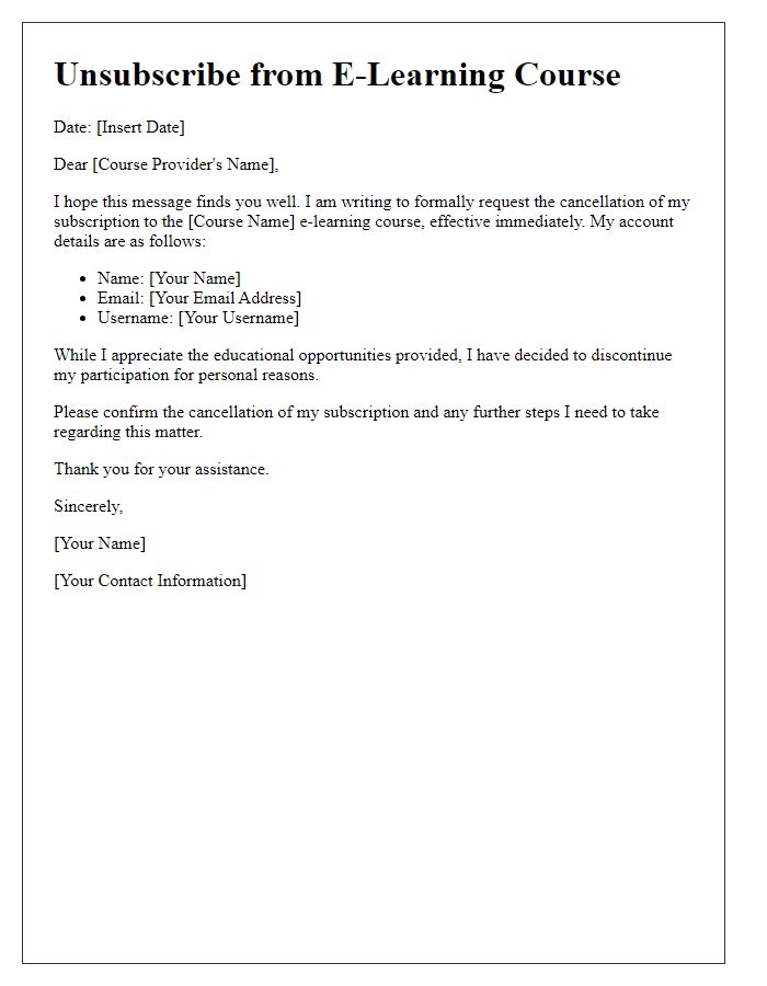 Letter template of service unsubscribe for e-learning course