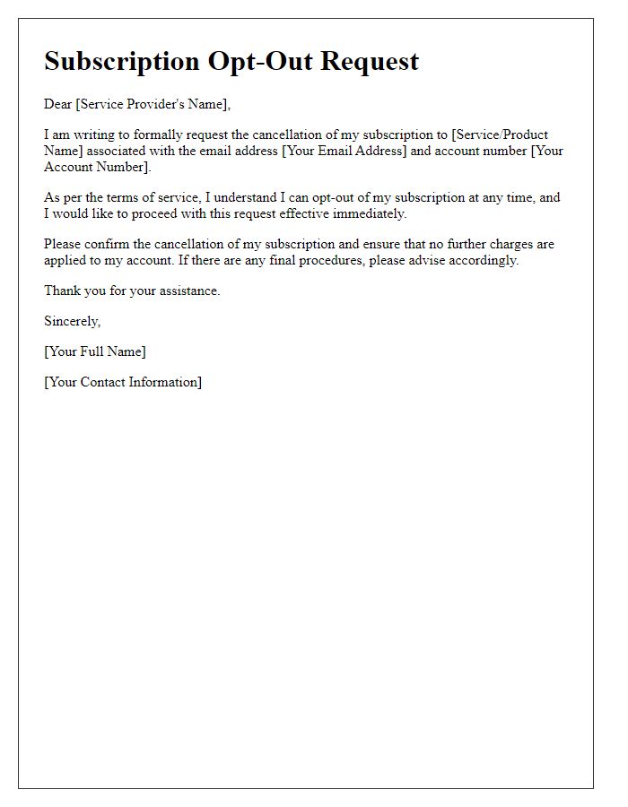 Letter template of subscription opt-out for software service