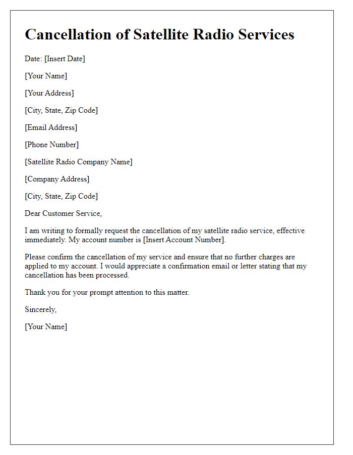 Letter template of cancellation for satellite radio services.