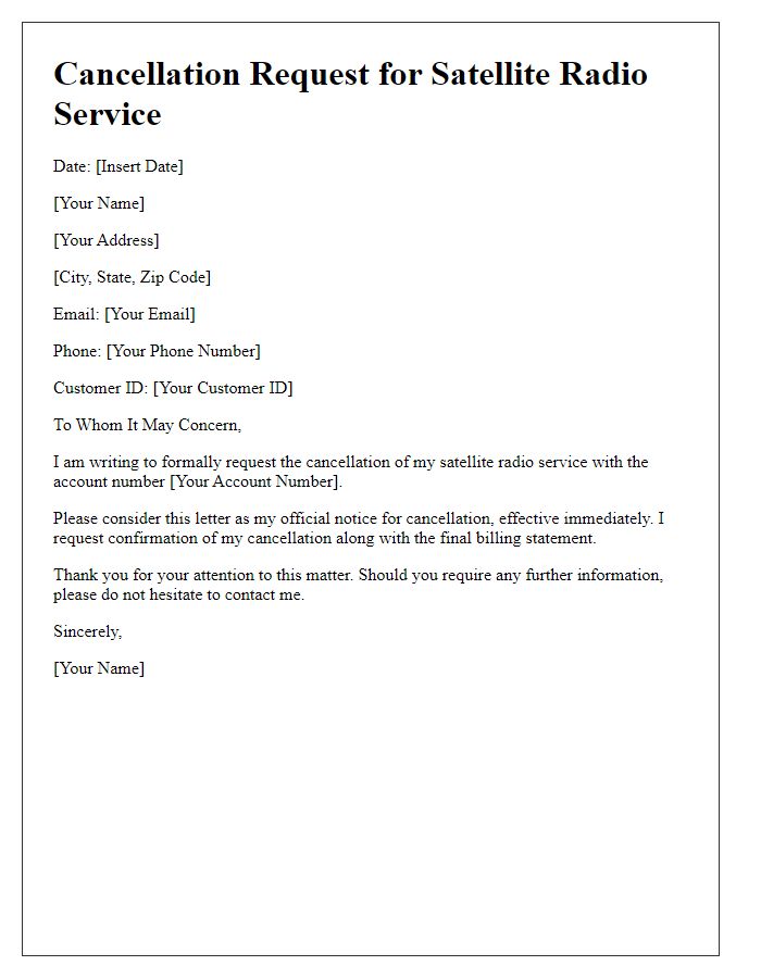 Letter template of satellite radio service cancellation request.