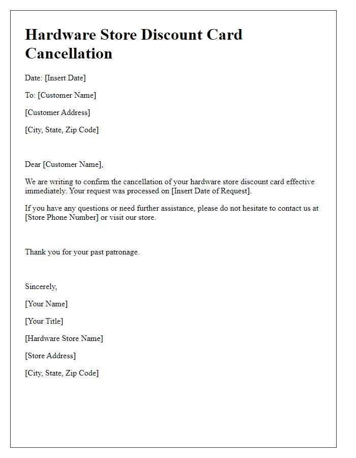 Letter template of hardware store discount card cancellation