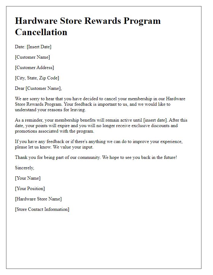 Letter template of hardware store rewards program cancellation