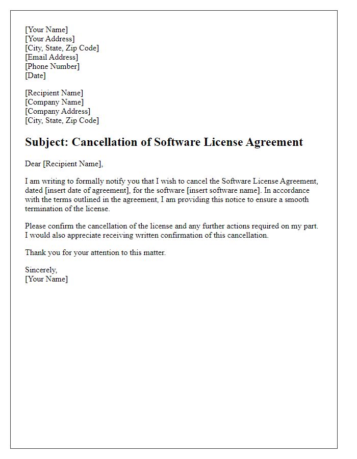 Letter template of cancellation of software license agreement