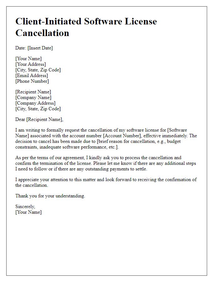 Letter template of client-initiated software license cancellation