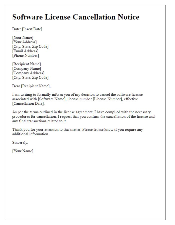 Letter template of formal software license cancellation