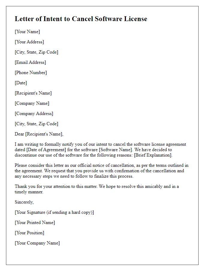 Letter template of intent to cancel software license