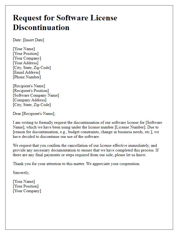 Letter template of request for software license discontinuation