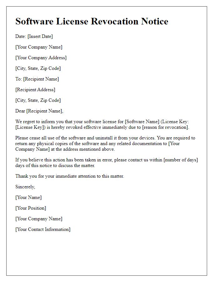 Letter template of software license revocation notice