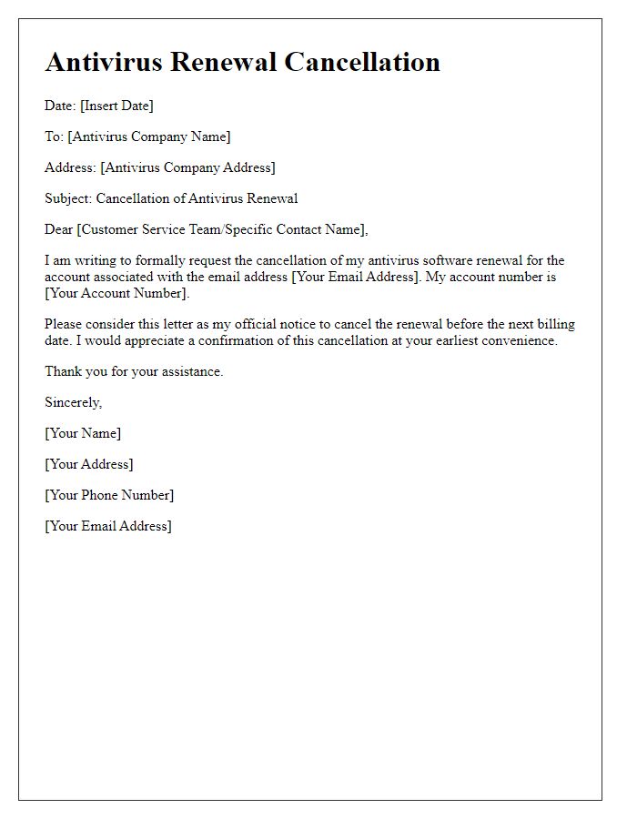 Letter template of antivirus renewal cancellation.