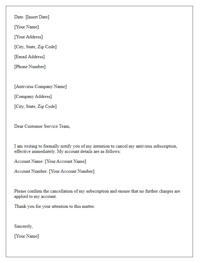 Letter template of intention to cancel antivirus subscription.