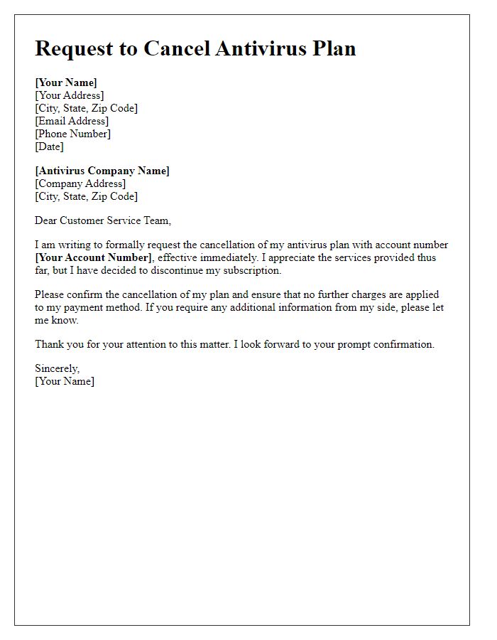 Letter template of request to cancel antivirus plan.