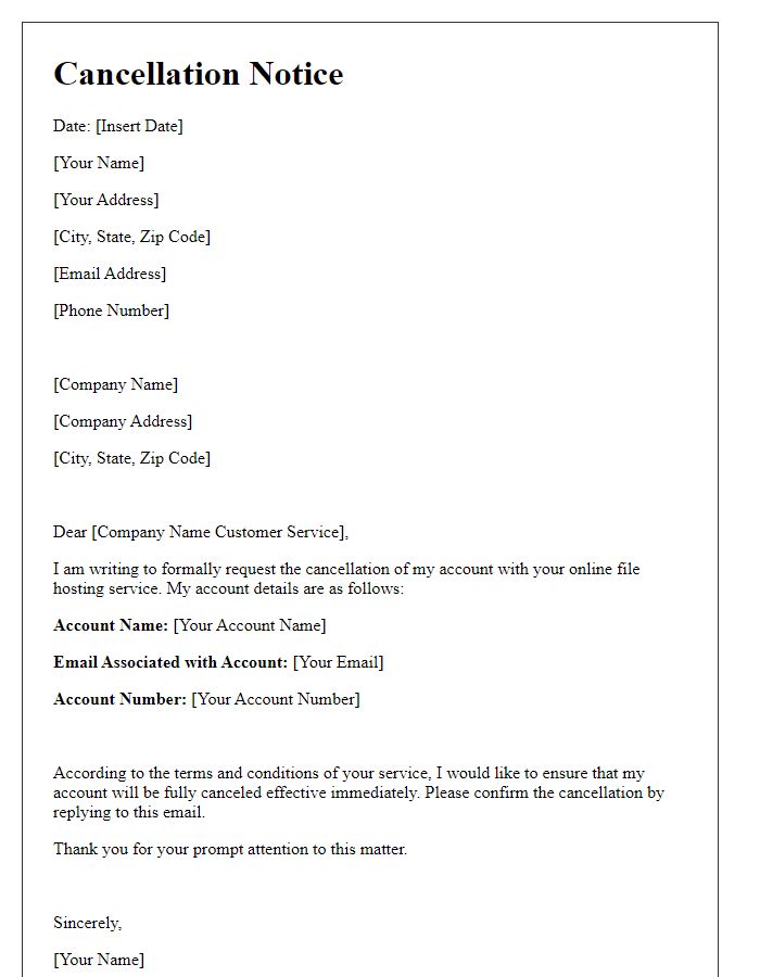 Letter template of cancellation notice for online file hosting