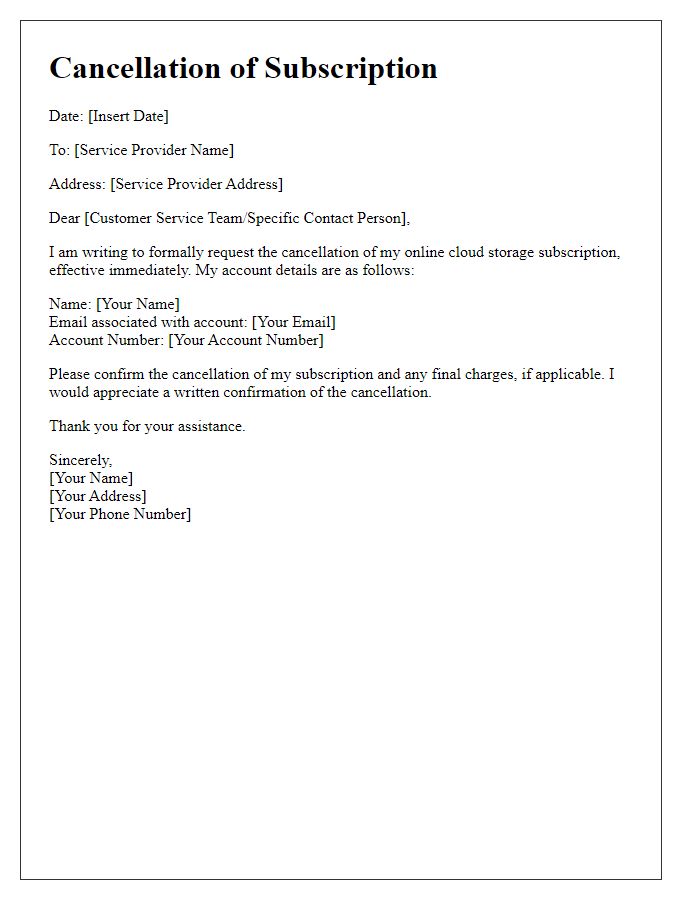 Letter template of cancellation for online cloud storage subscription