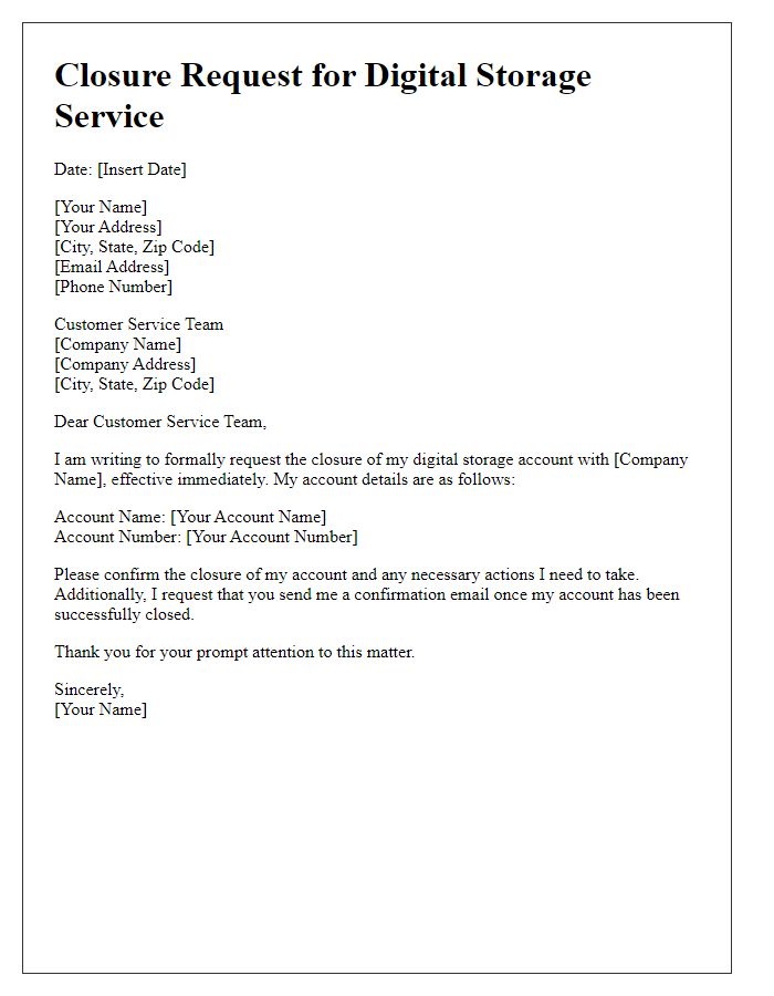 Letter template of closure request for digital storage service