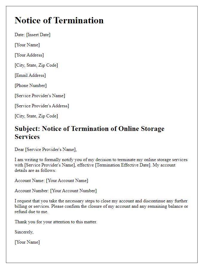 Letter template of notice to terminate online storage services