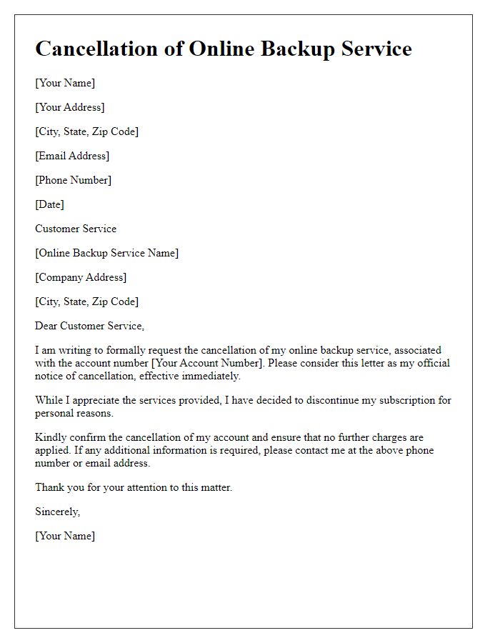 Letter template of online backup service cancellation