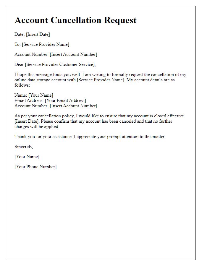 Letter template of online data storage account cancellation