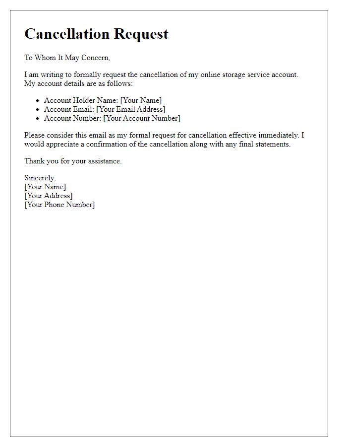 Letter template of online storage service cancellation request