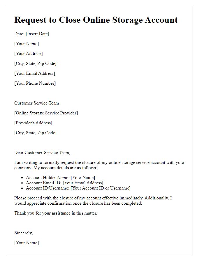 Letter template of request to close online storage service account