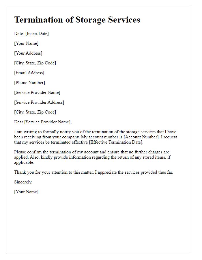 Letter template of termination of storage services provided online