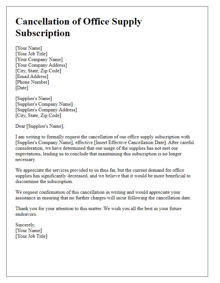 Letter template of office supply subscription cancellation because of insufficient usage.