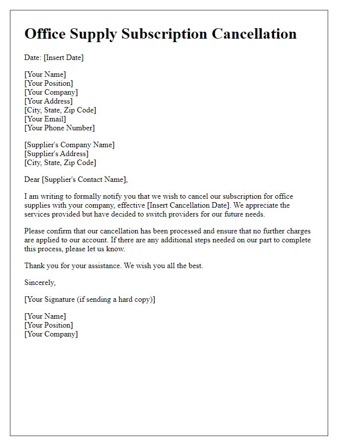 Letter template of office supply subscription cancellation for switching providers.