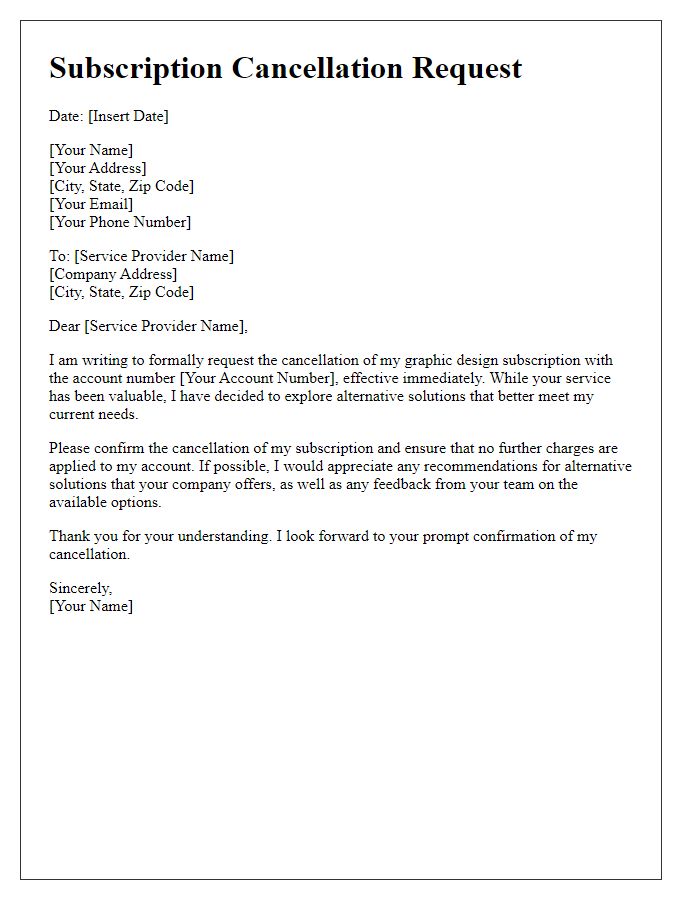 Letter template of graphic design subscription cancellation for alternative solutions.