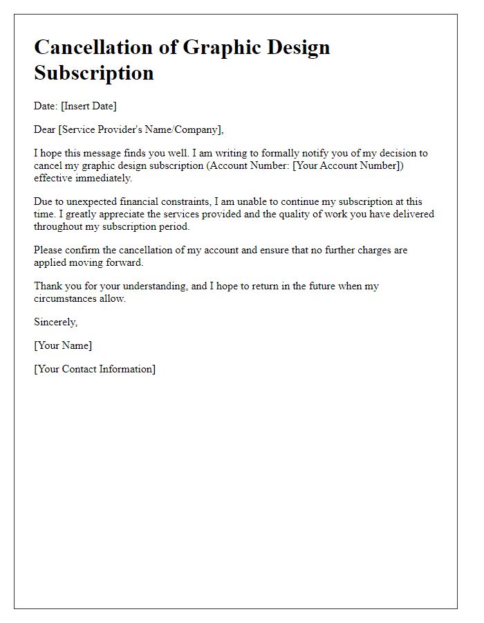 Letter template of graphic design subscription cancellation due to financial constraints.