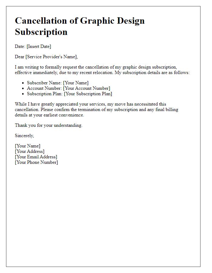 Letter template of graphic design subscription cancellation due to relocation.