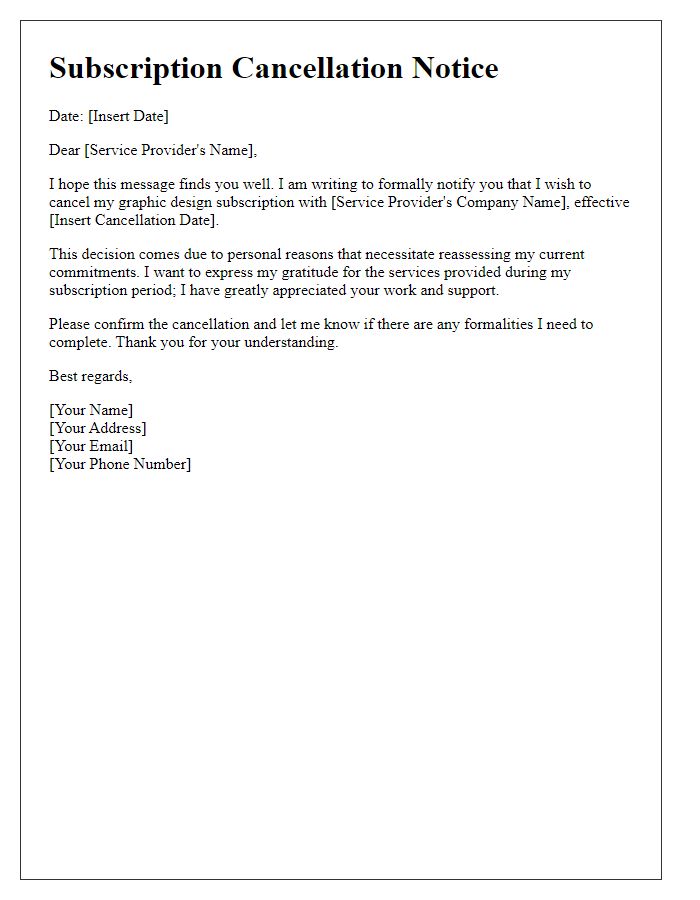 Letter template of graphic design subscription cancellation for personal reasons.