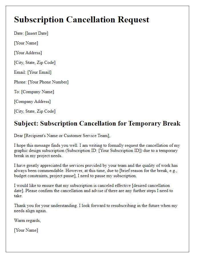 Letter template of graphic design subscription cancellation for a temporary break.