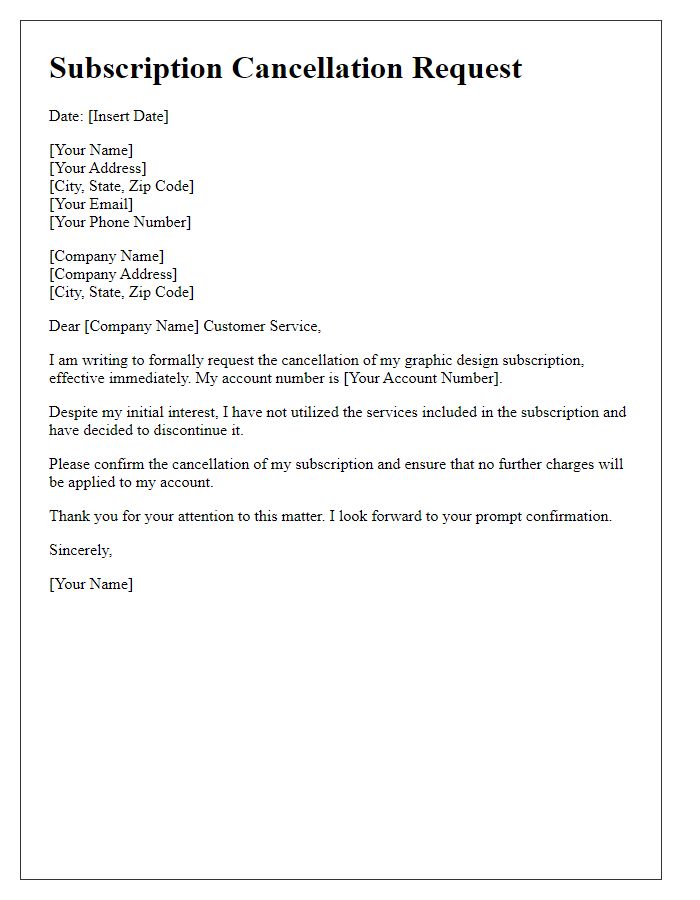 Letter template of graphic design subscription cancellation for unused services.