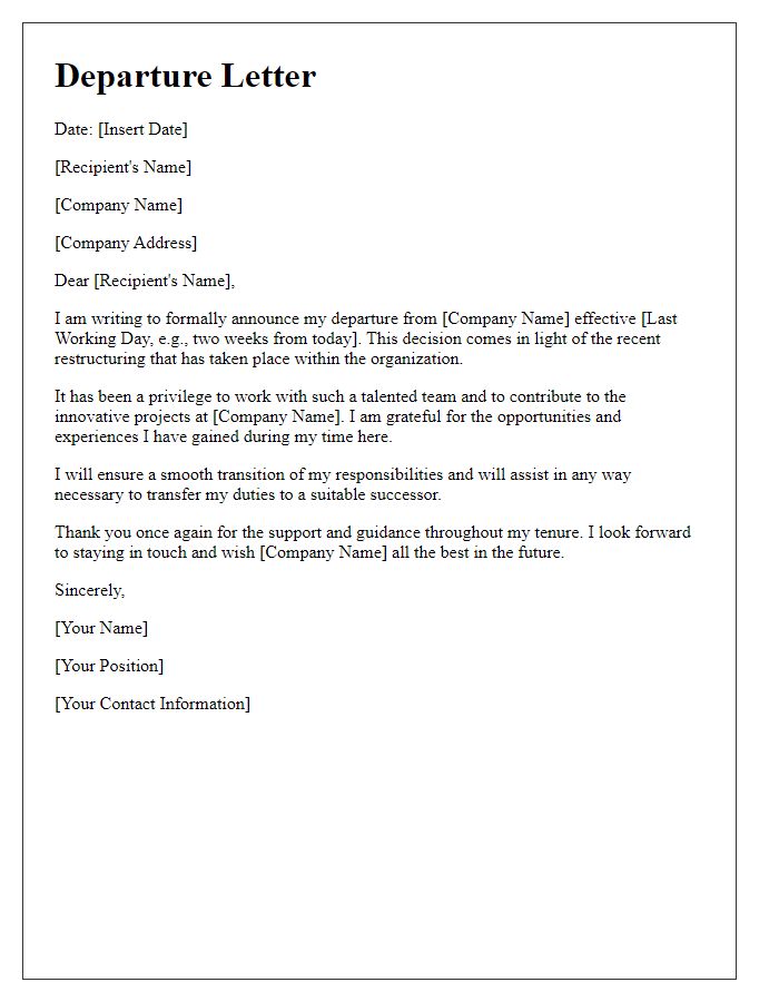 Letter template of departure letter in response to restructuring