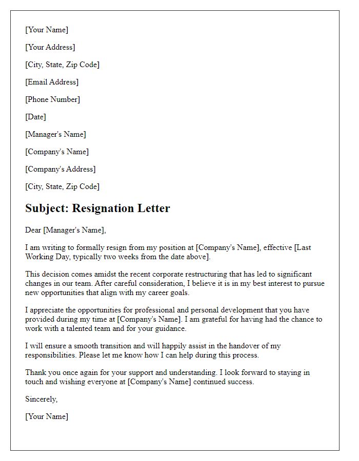 Letter template of resignation amidst corporate restructuring