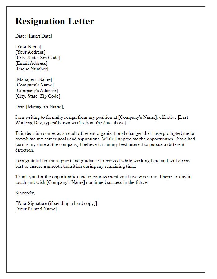 Letter template of resignation due to organizational changes