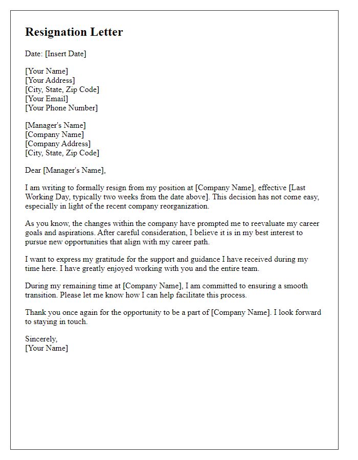 Letter template of resignation letter influenced by company reorganization