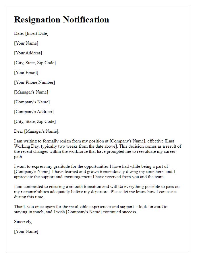 Letter template of resignation notification due to workforce changes