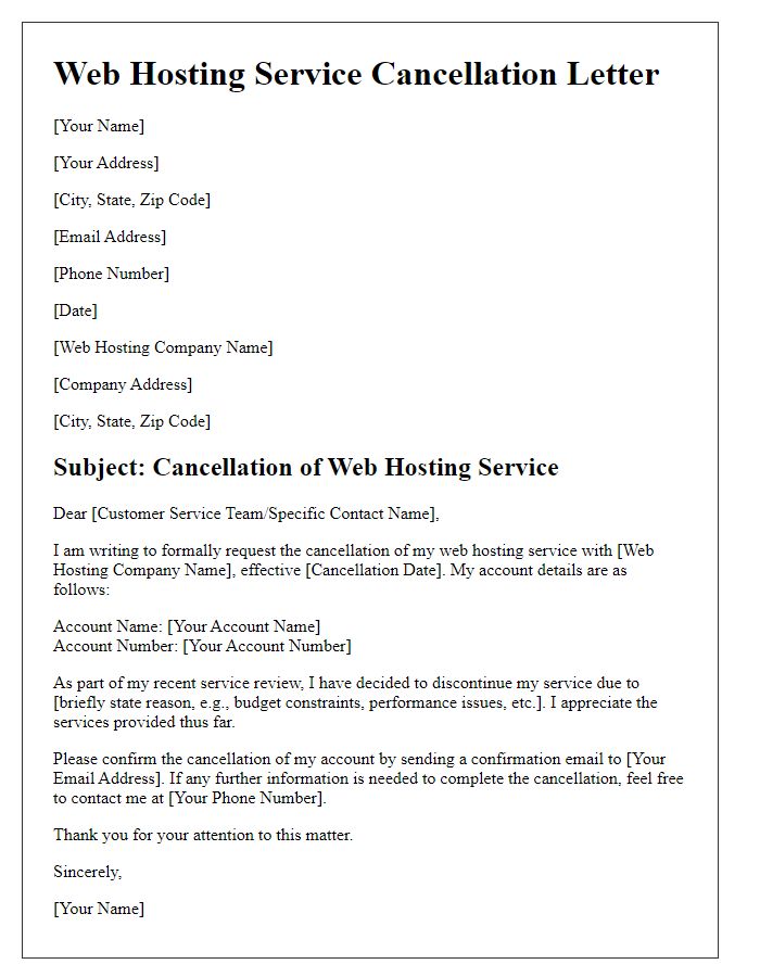 Letter template of web hosting service cancellation as part of a service review