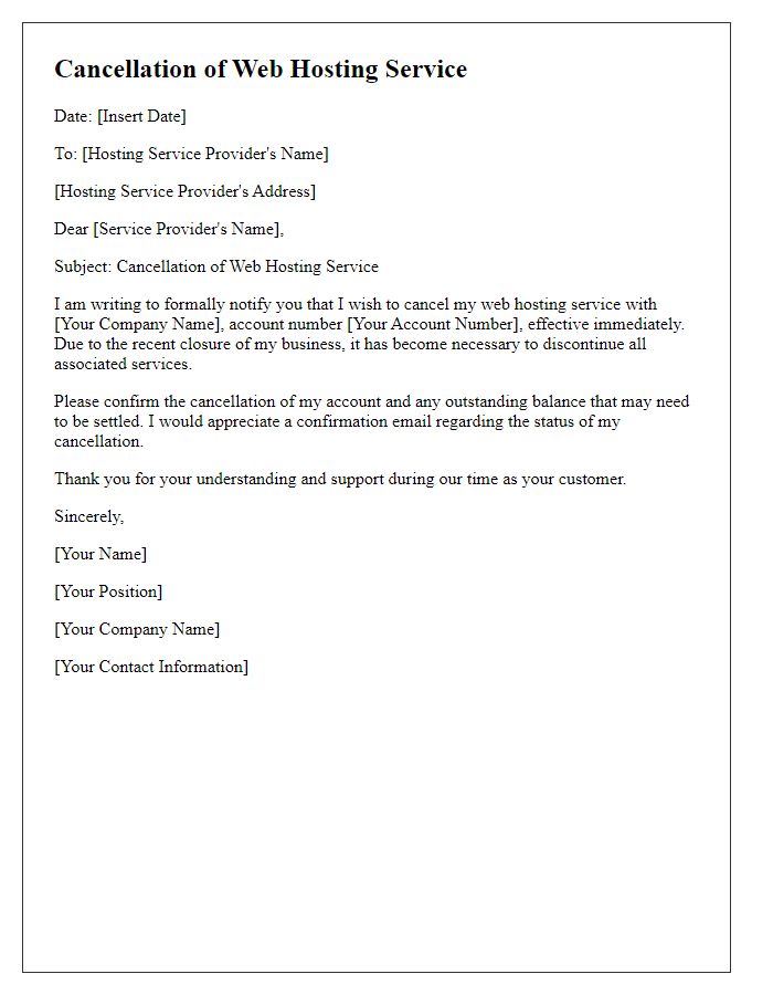 Letter template of web hosting service cancellation because of business closure