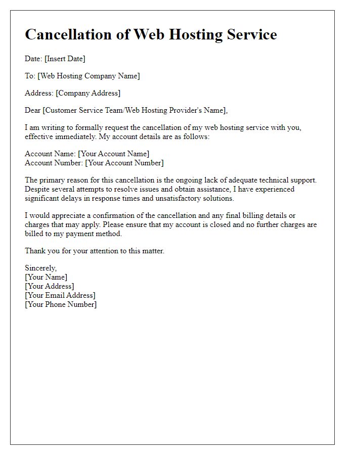 Letter template of web hosting service cancellation due to lack of technical support