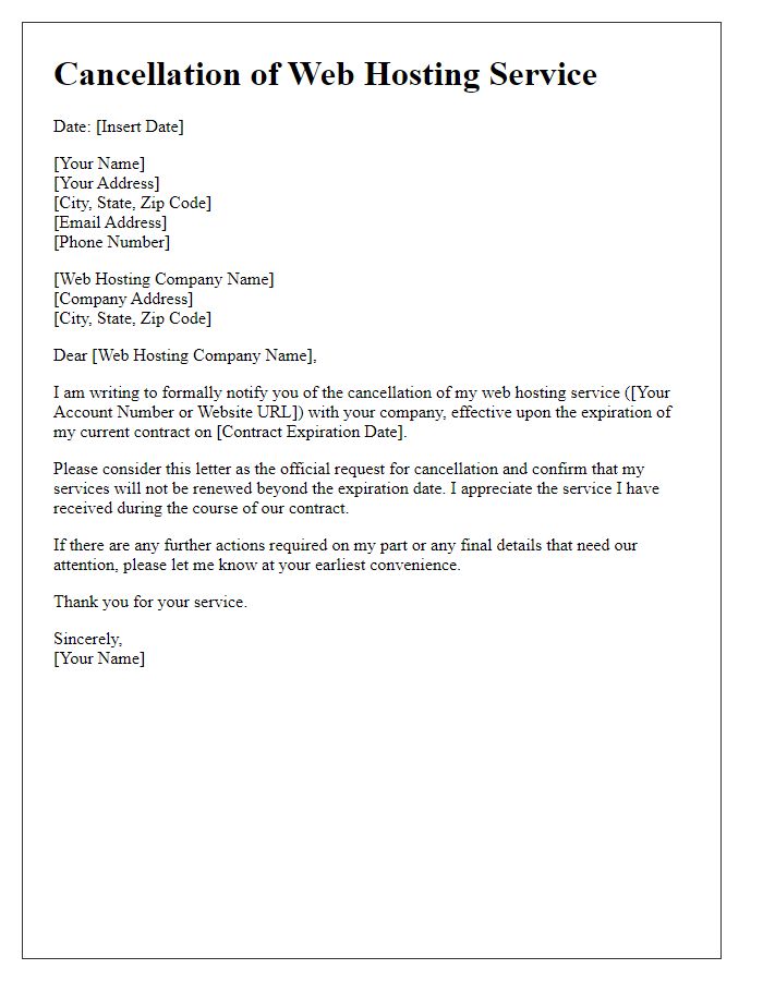 Letter template of web hosting service cancellation in response to contract expiration