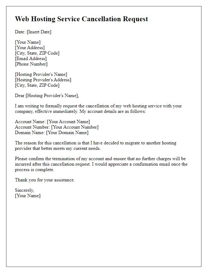 Letter template of web hosting service cancellation for migrating to another provider