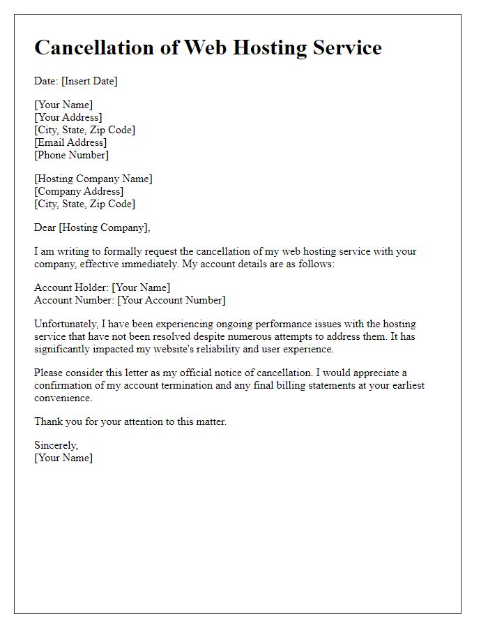 Letter template of web hosting service cancellation for performance issues