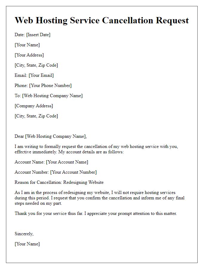Letter template of web hosting service cancellation for redesigning website