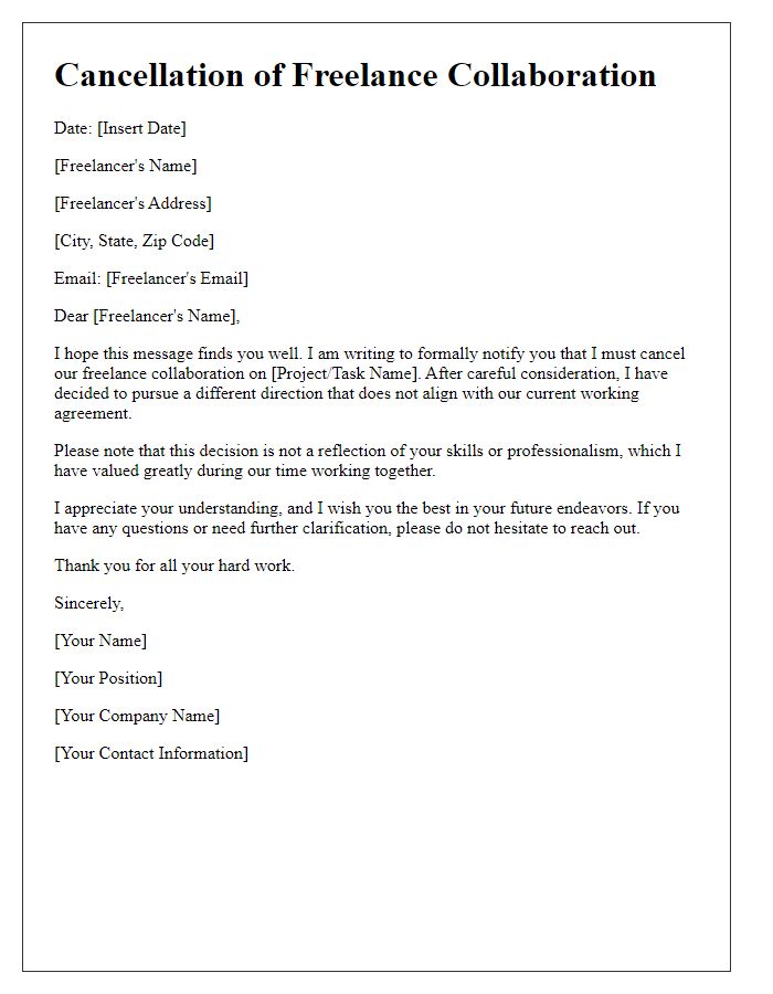 Letter template of canceling freelance collaboration