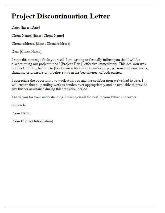 Letter template of freelance project discontinuation