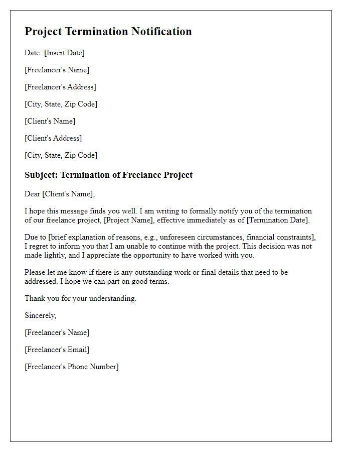 Letter template of freelance project termination notification